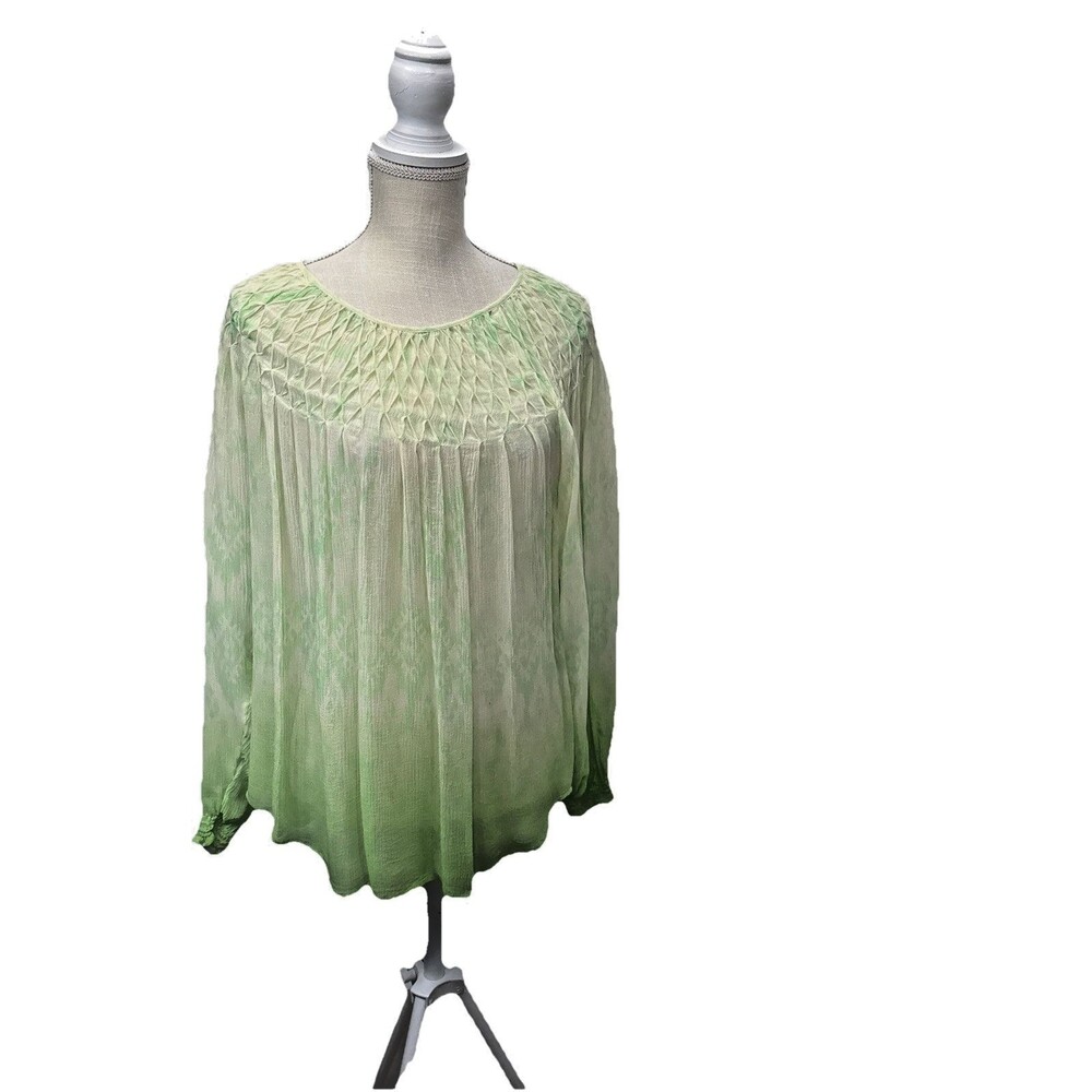 Sundance Green Silk Chiffon Smocked Ombre Sheer Boho Blouse Top Large Flowy - Picture 6 of 12
